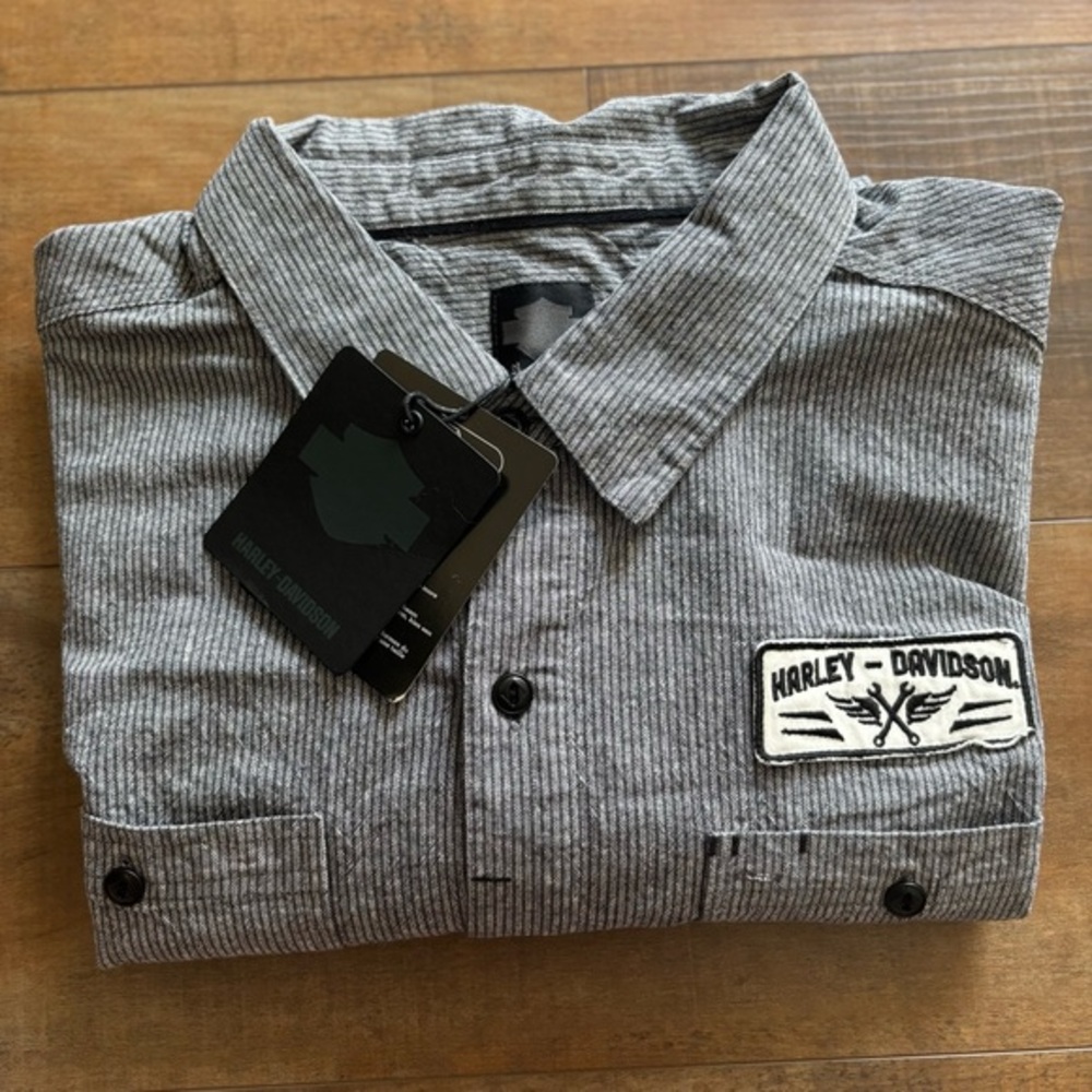 HARLEY DAVIDSON MEN'S MICRO-STRIPE‎ MECHANIC'S Short Sleeve SHIRT GREY/BLUE Slim